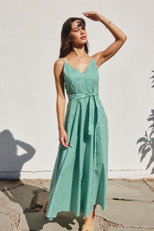 Dakota Sleeveless Waist Tie Stripe Print Maxi Dress Green – Miss Match  Group Inc