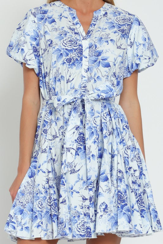  Short Bubble Sleeve Floral Print Mini Dress Blue