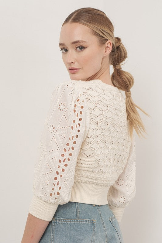 3/4 Sleeve Crochet Cardigan Sweater Cream