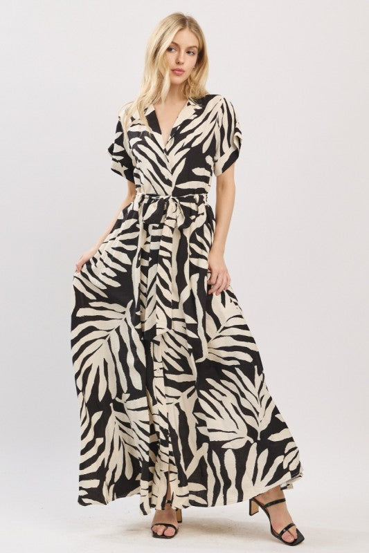 Elsie Short Sleeve Waist Tie Tropical Print Maxi Dress Black – Miss Match  Group Inc