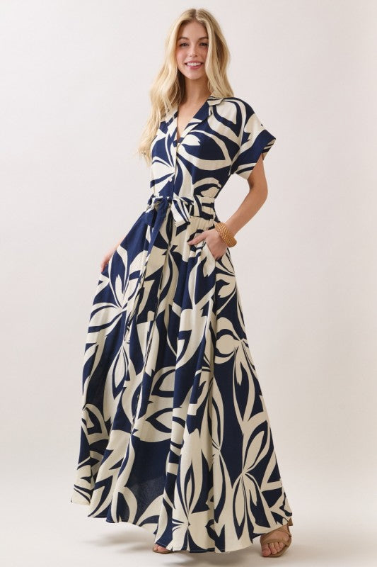 Gabby Short Sleeve Waist Tie Floral Print Maxi Dress Navy Large