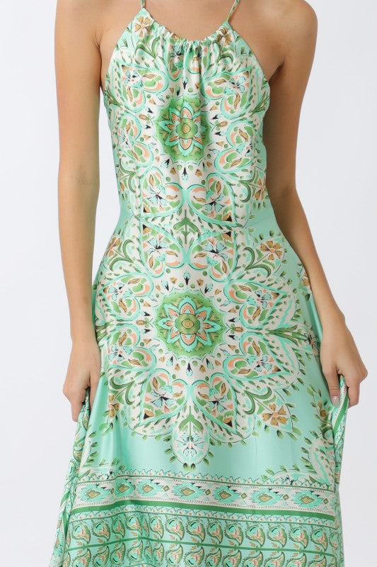 Joan Sleeveless Halter Beautiful Ornate Print Maxi Dress Mint MEDIUM Joan Sleeveless Halter Beautiful Ornate Print Maxi Dress Mint MEDIUM