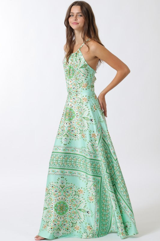 Joan Sleeveless Halter Beautiful Ornate Print Maxi Dress Mint MEDIUM Joan Sleeveless Halter Beautiful Ornate Print Maxi Dress Mint MEDIUM