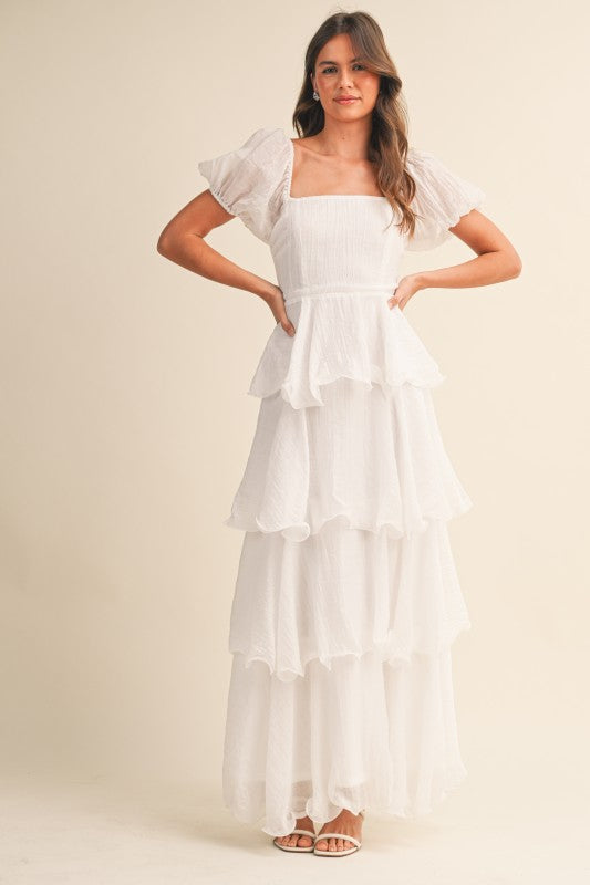 tiered maxi dress with short sleeves Cream/Olive Striped Short Sleeve Tiered Maxi Dress