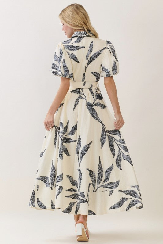 Emmeline Short Bubble Sleeve Waist Tie Abstract Print Maxi Dress Navy MEDIUM