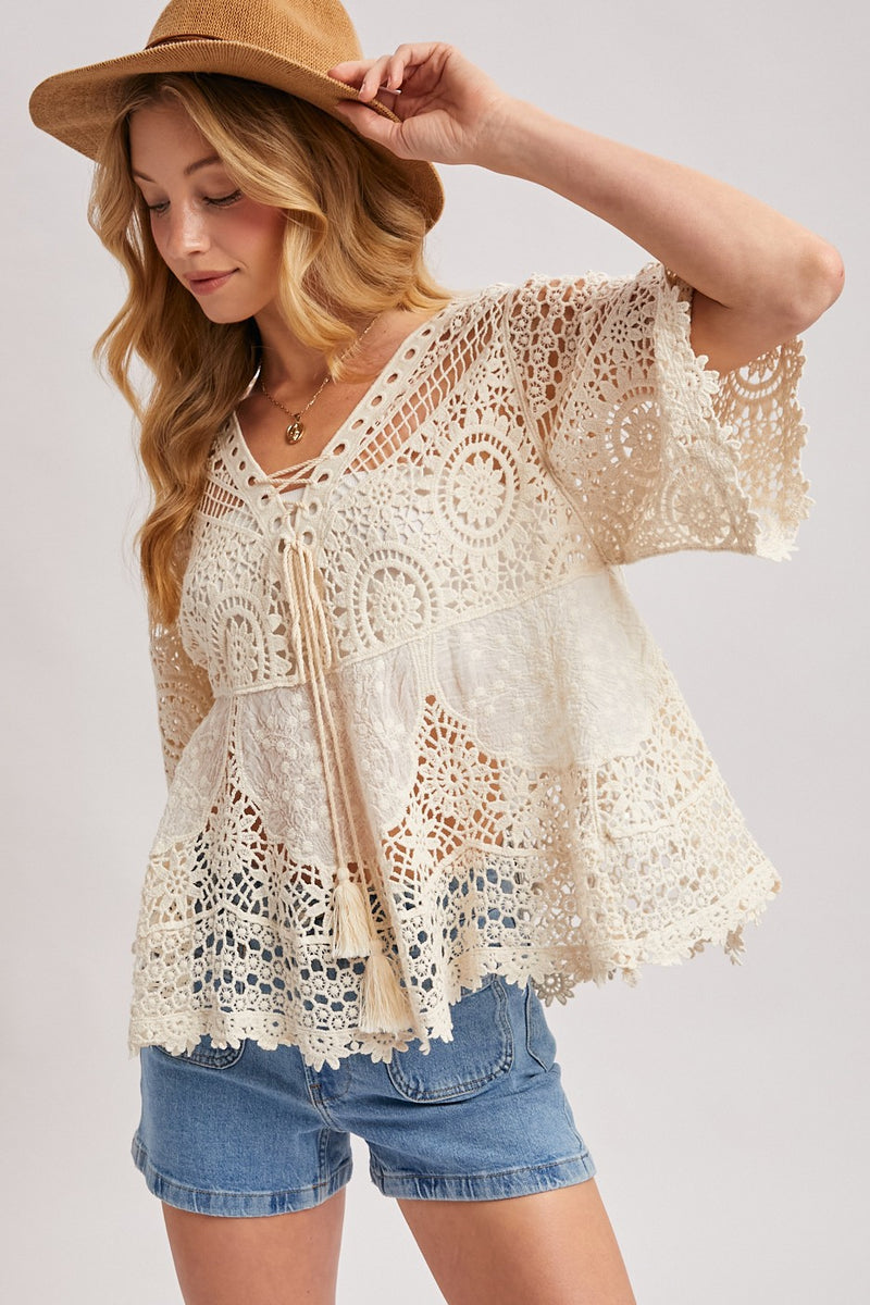 Davina 3/4 Sleeve Front Tie Sheer Crochet Lace Top Natural – Miss