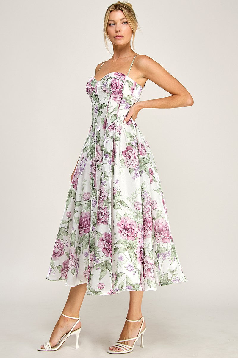 Rumi Sleeveless Dreamy Floral Print Midi Dress Mauve LARGE
