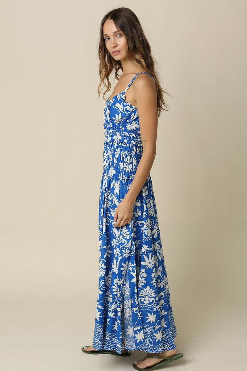 Tate Sleeveless Smocked Whimsical Ornate Print Maxi Dress Blue LARGE