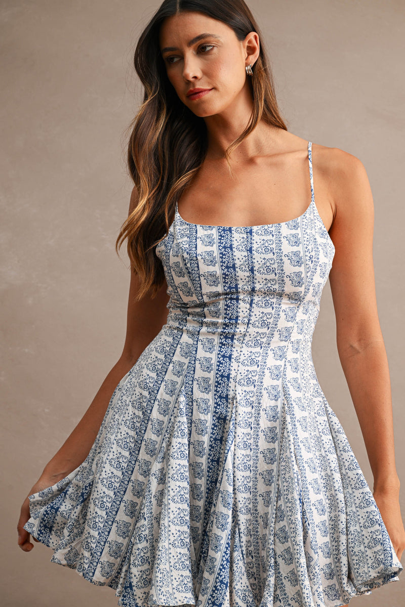 Hope Sleeveless Floral Paisley Print Mini Dress Blue LARGE