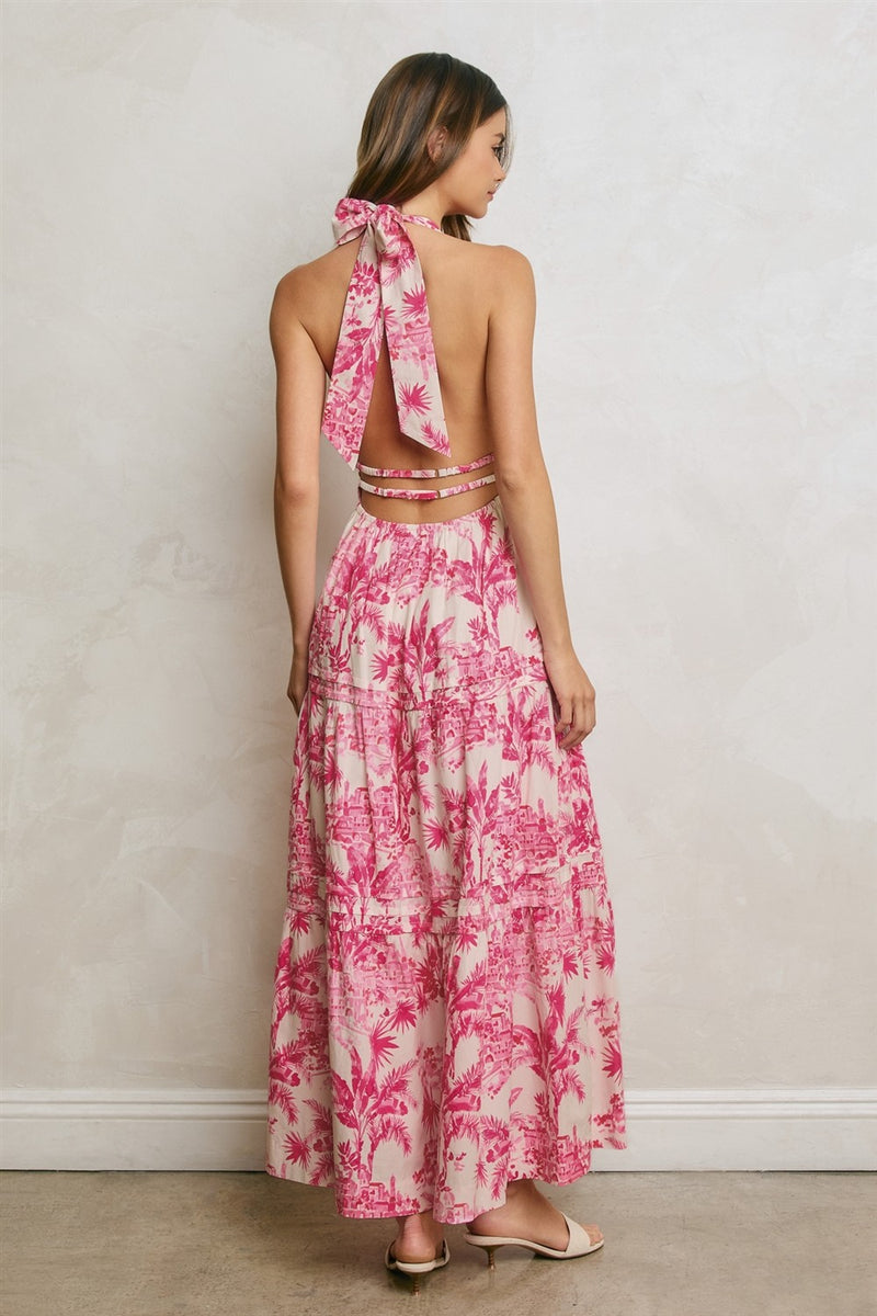 tropical halter dress Samana Print Cut Out Neck Maxi in Cream *Tropical Aqua Tropical Print Padded Halter