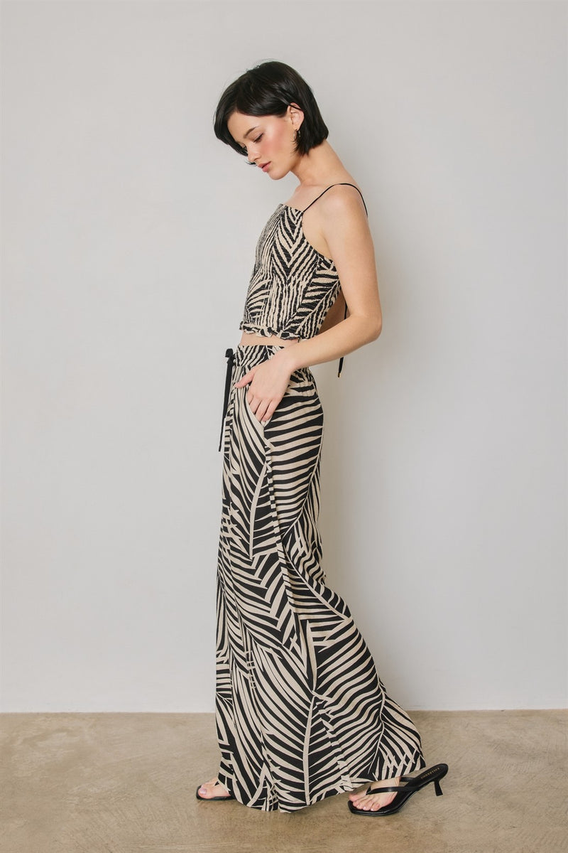 Glenda High Waist Tie Wide Leg Leaf Print Pants Black SMALL