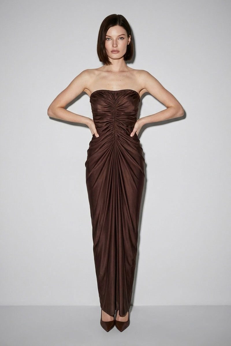 brown satin ruched dress Waitlist 10/5 • Lainey Sleeveless Maxi LARGE chocolate brown silk dress