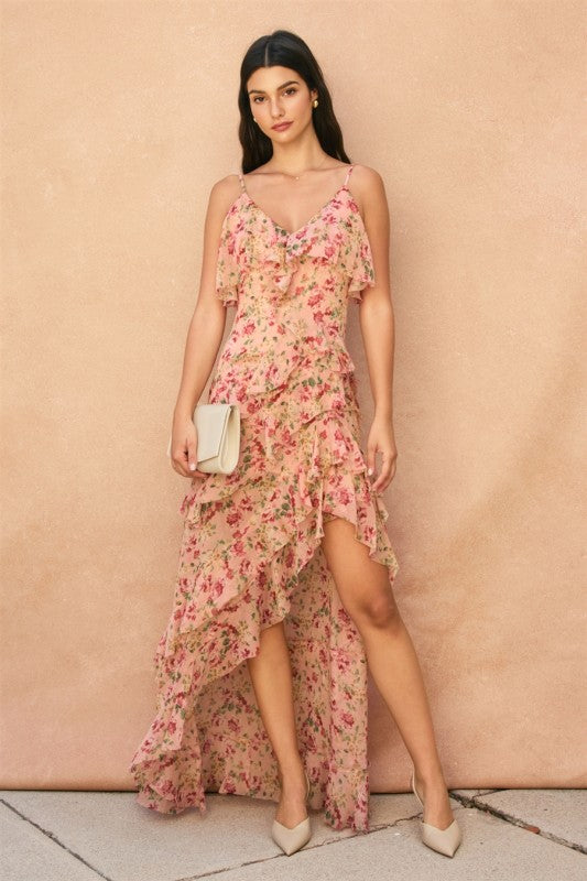 low back wedding guest dress Cypress Sleeveless Asymmetrical Open Back Floral Print Maxi Dress Pink MEDIUM