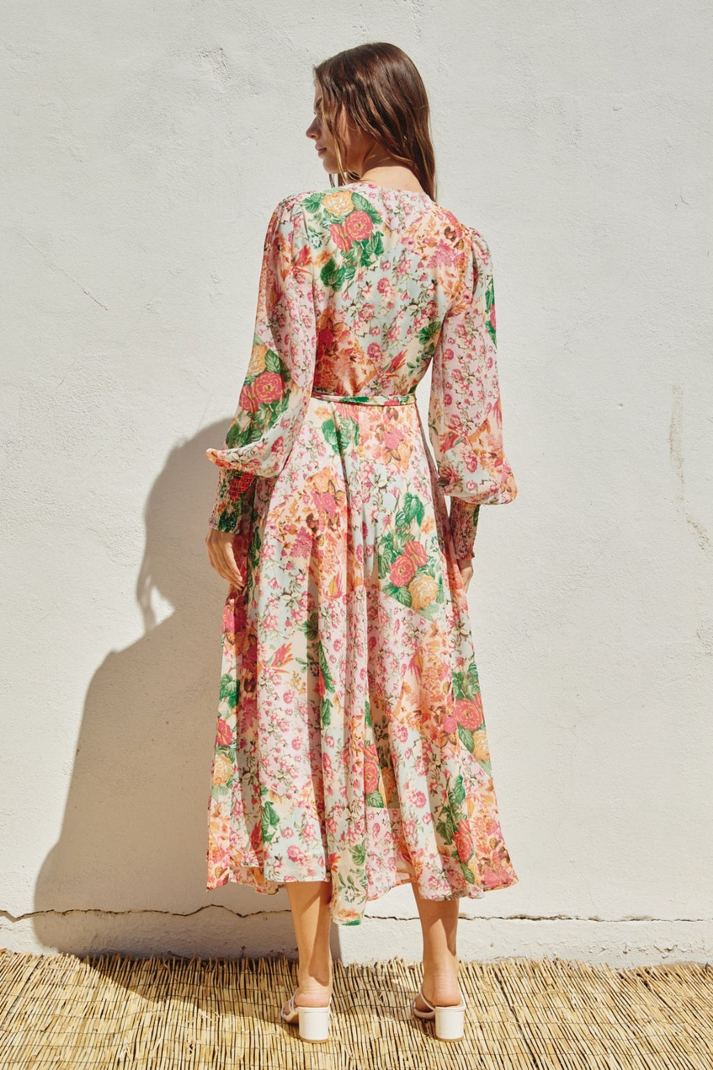 Sheena Long Sleeve Wrap Floral Print Midi Dress Blush