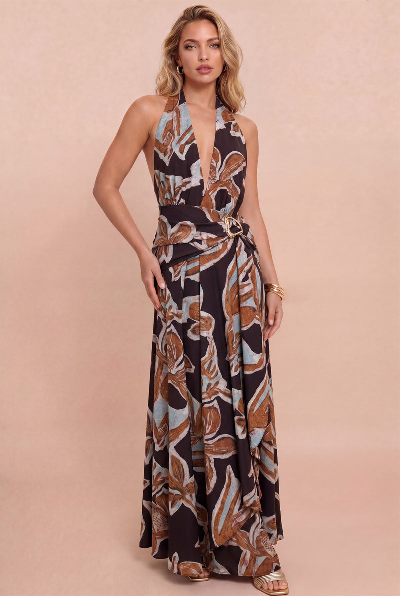 belted halter dress Fara Sleeveless Abstract Print Maxi Brown MEDIUM Breezaya