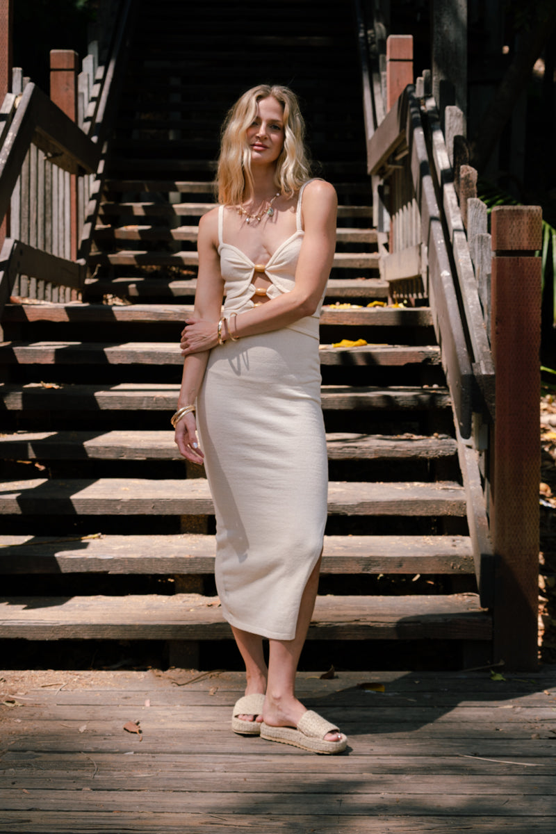 cut out knit midi dress Angie Sleeveless Cut Out Knit Midi Dress Cream LARGE