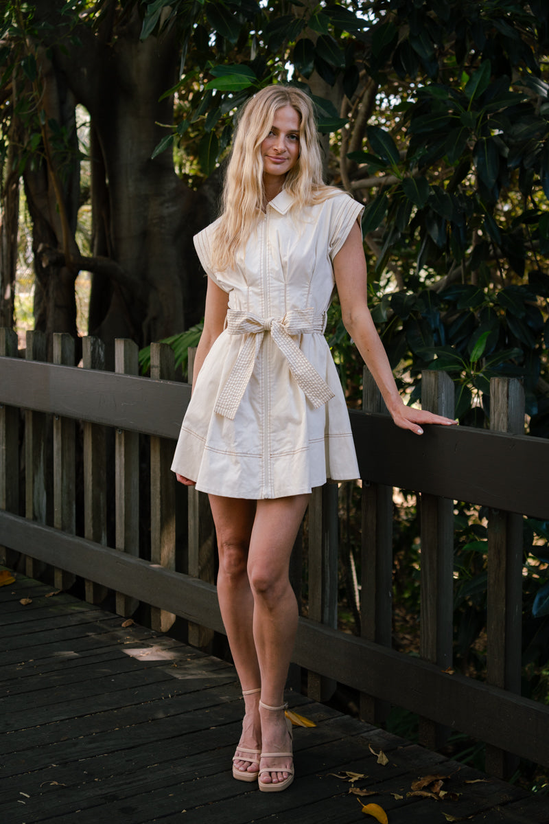 contrast stitch mini dress Rayna Sleeveless Contrast Stitch Zip Up Mini Dress Cream LARGE
