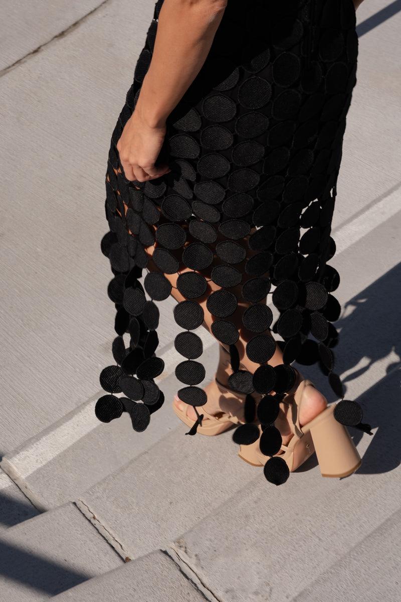 black crochet dress midi Theodora Black Crochet Knit Midi Dress