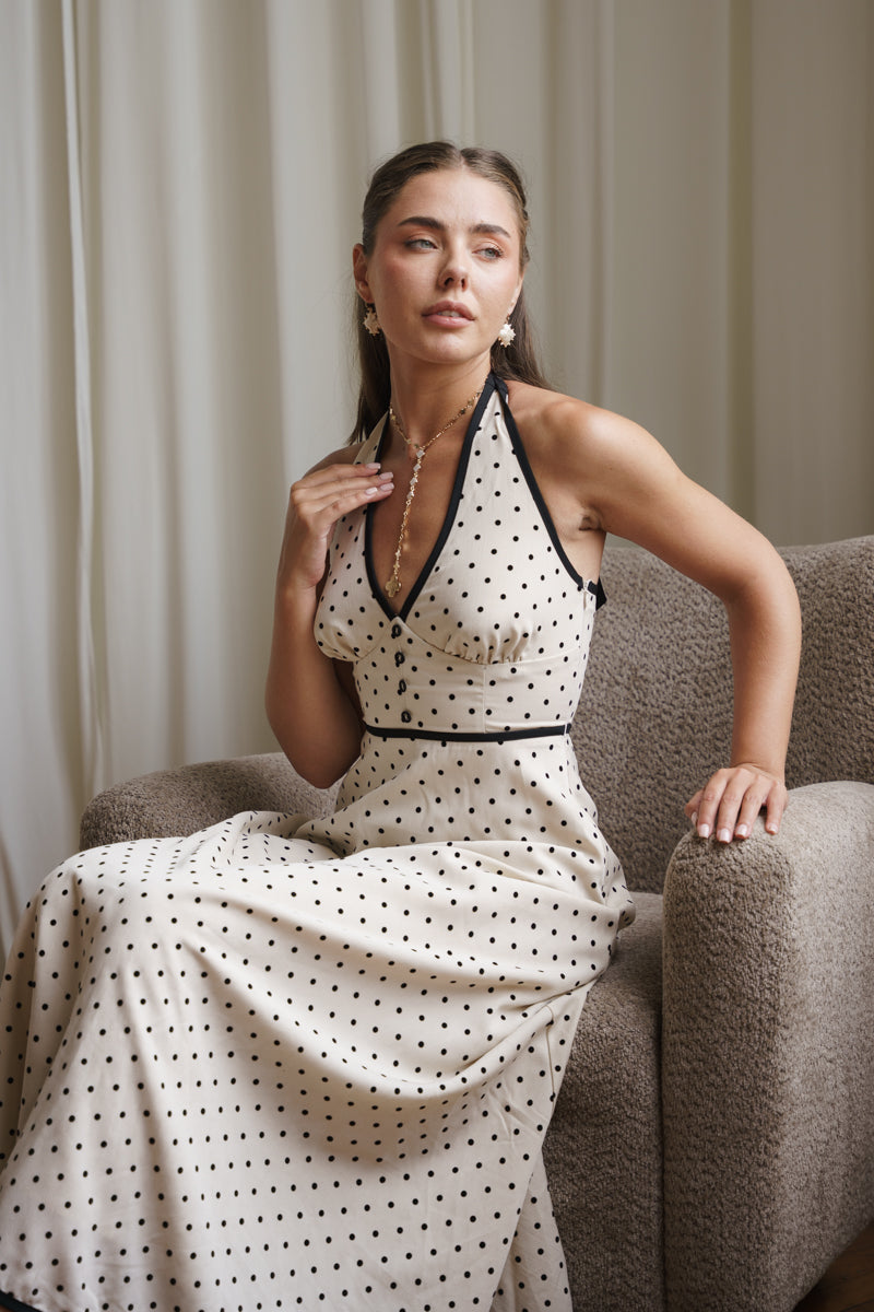 Palmera Sleeveless Halter Contrast Trim Polka Dot Print Midi Dress Taupe LARGE