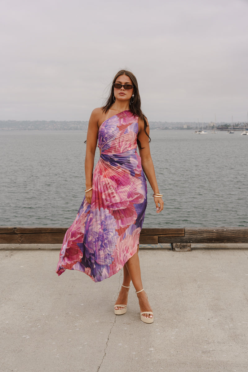 Sheri Sleeveless One Shoulder Pleated Floral Print Maxi Dress Pink SMALL