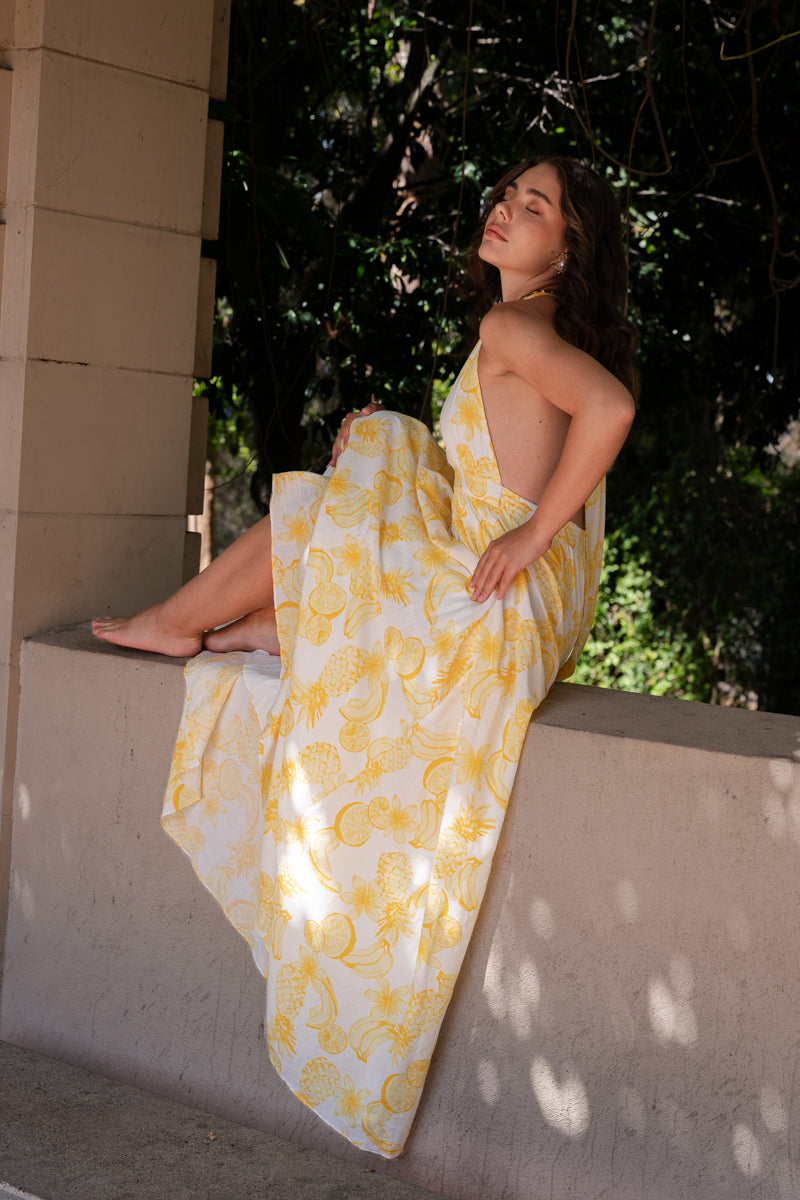 yellow maxi dress halter Elegant Yellow Satin Maxi Dress with Halter & Backless Detail