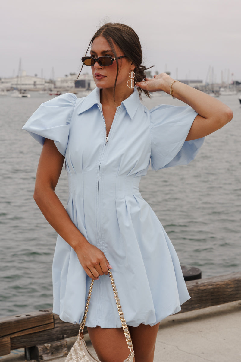 Queenie Short Bubble Sleeve Zip Up Mini Dress Blue – Miss Match Group Inc