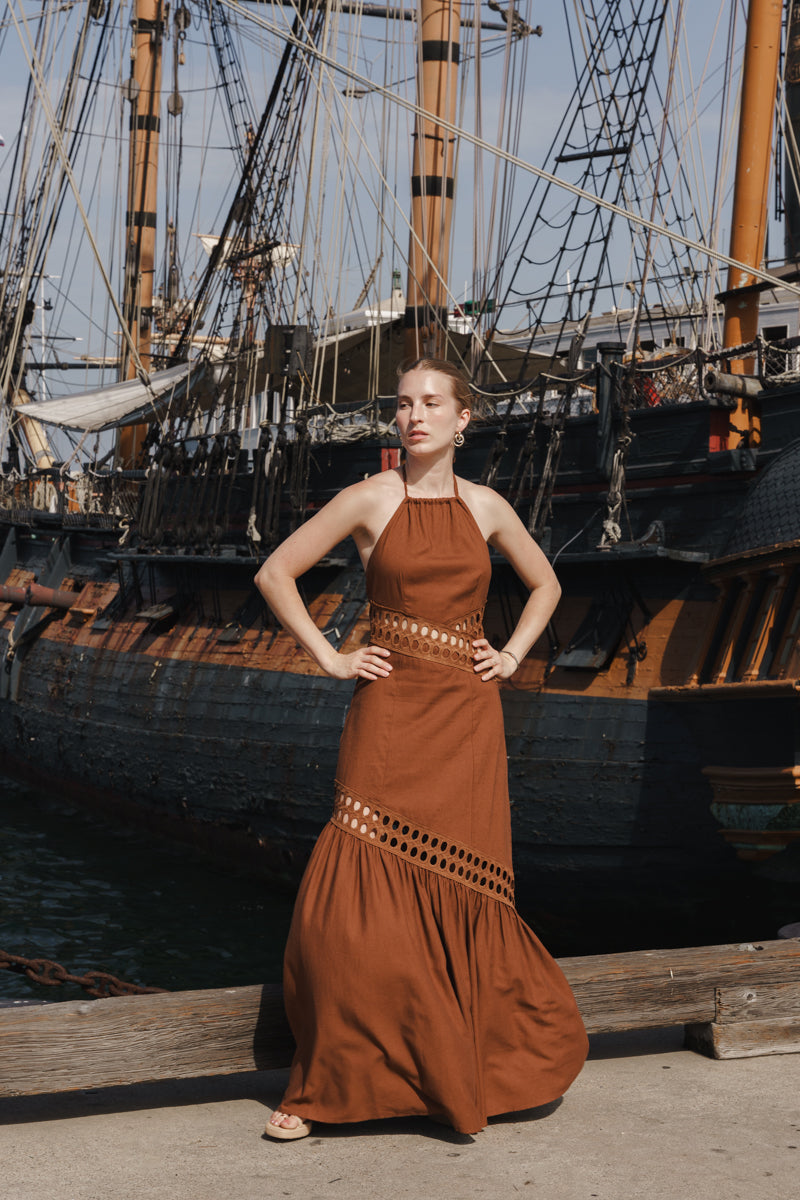 Maxine Sleeveless Sun Kissed Cutwork Lace Maxi Dress Brown MEDIUM