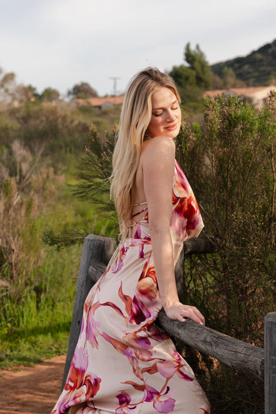 Rowan Sleeveless Halter Floral Print Maxi Dress Pink SMALL Rowan Sleeveless Halter Floral Print Maxi Dress Pink SMALL