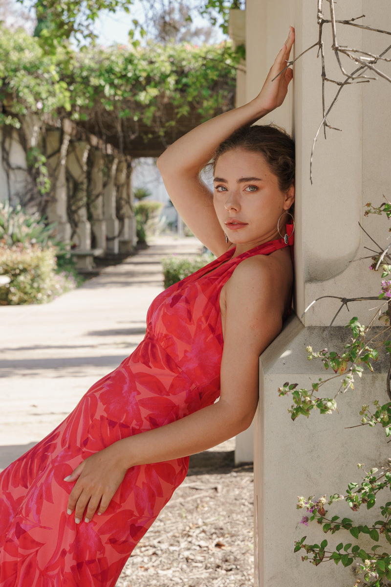 Liana Sleeveless Halter Open Back Floral Print Maxi Dress Red LARGE
