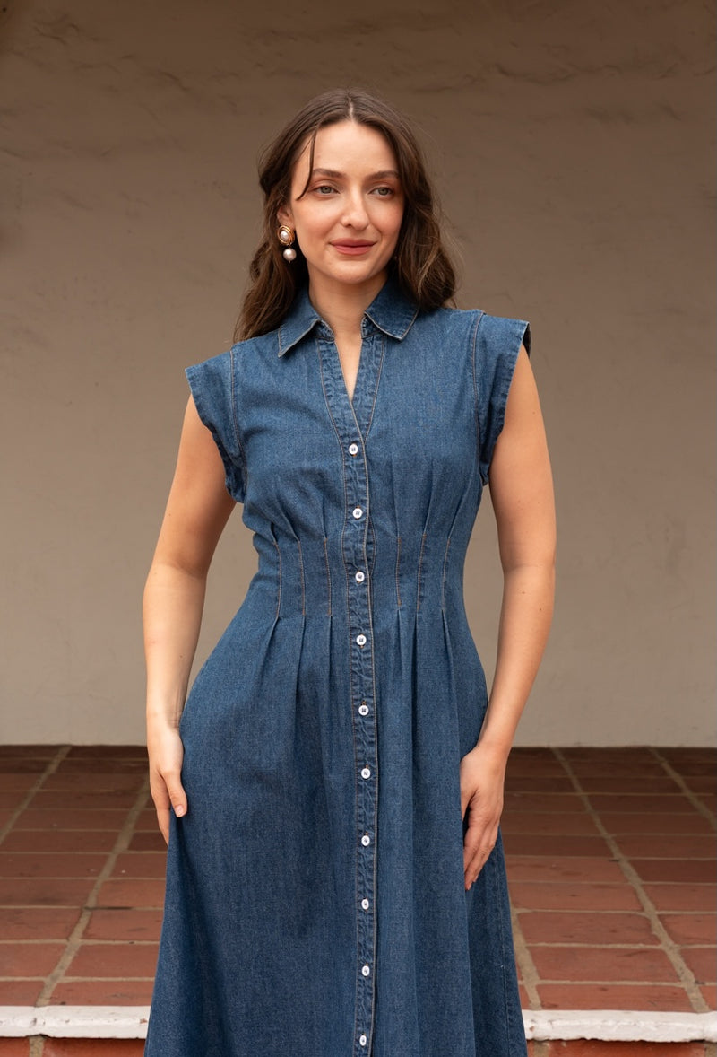Torrance Short Sleeve Button Down Denim Midi Dress Dark Wash