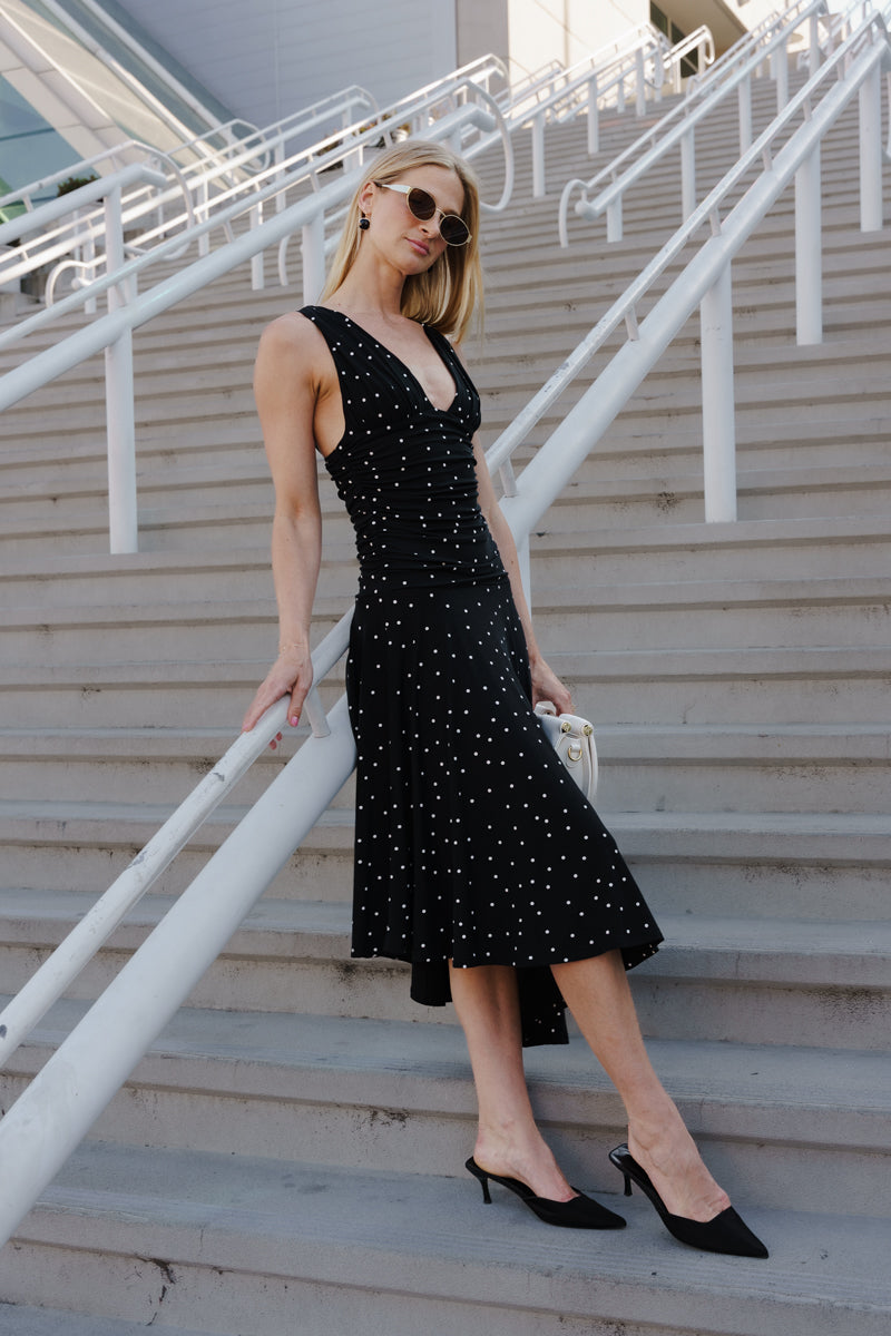 pippa midi dress Pippa Sleeveless Asymmetrical Polka Dot Print Midi Dress Black MEDIUM