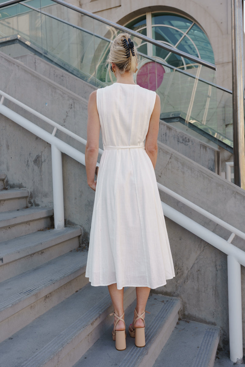 Samantha Sleeveless Button Down Belted Linen Midi Dress White SMALL