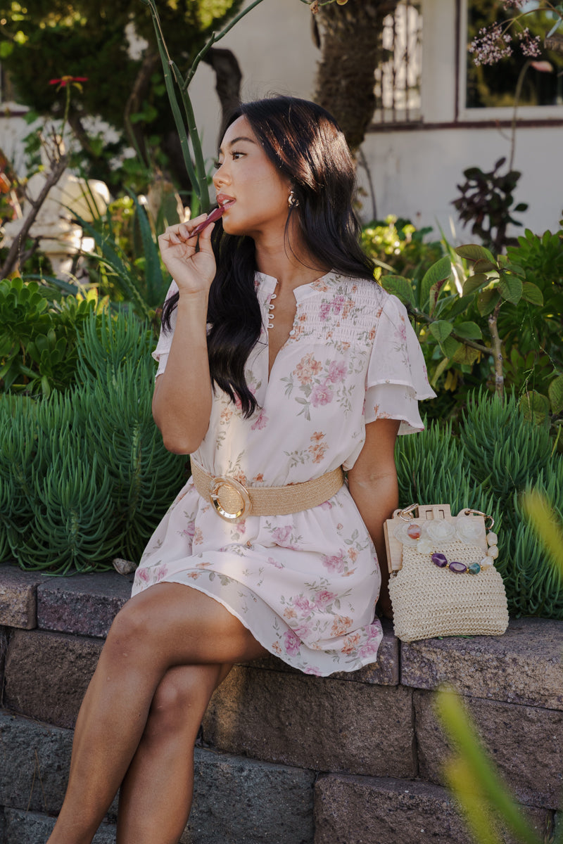 Lyric Short Flutter Sleeve Floral Print Mini Dress Pink Large