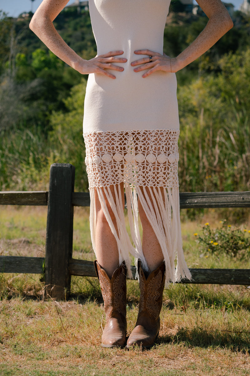 Alexa Sleeveless Crochet Fringe Knit Midi Dress Cream SMALL
