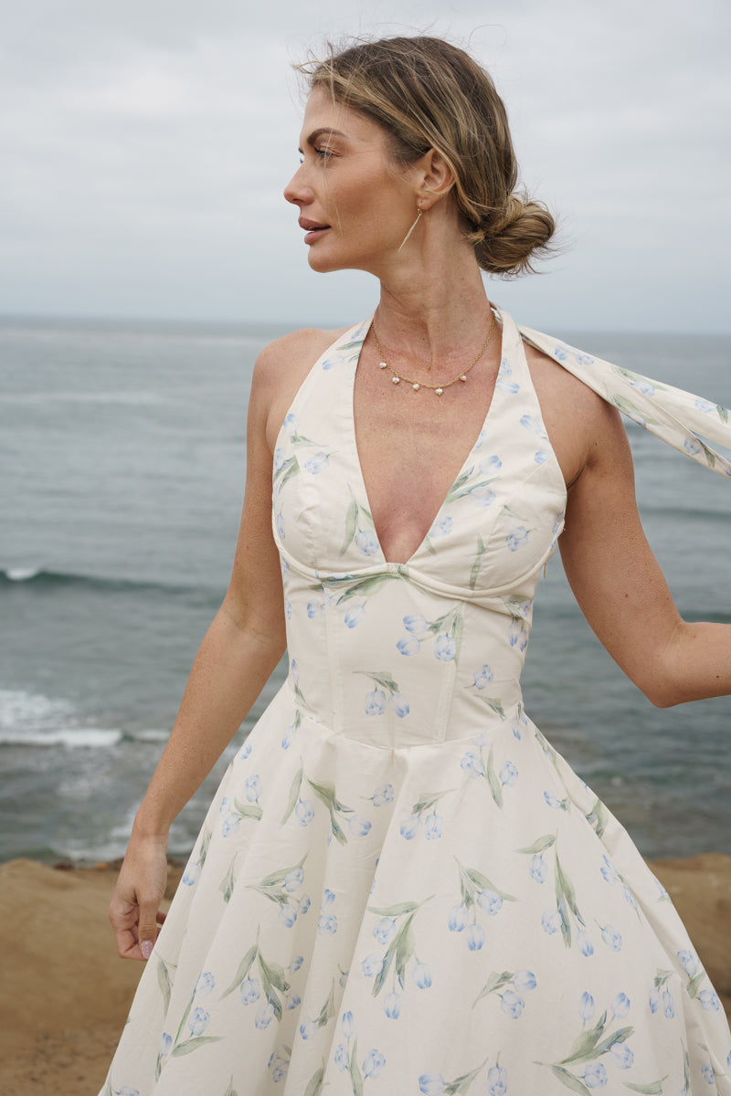 Adalyn Sleeveless Halter Floral Print Midi Dress Blue LARGE
