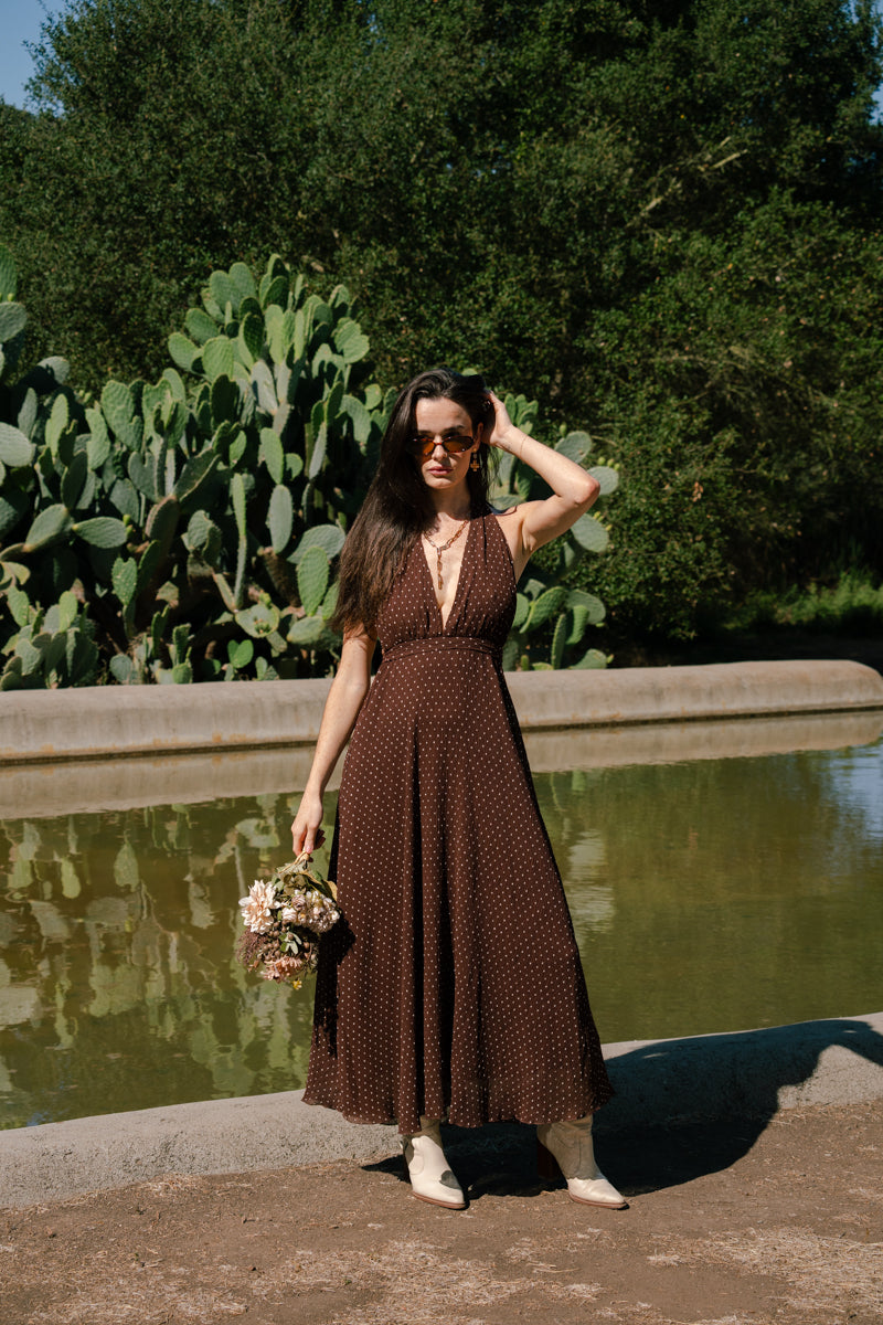 Arden Sleeveless Halter Vintage Micro Polka Dot Print Maxi Dress Brown MEDIUM