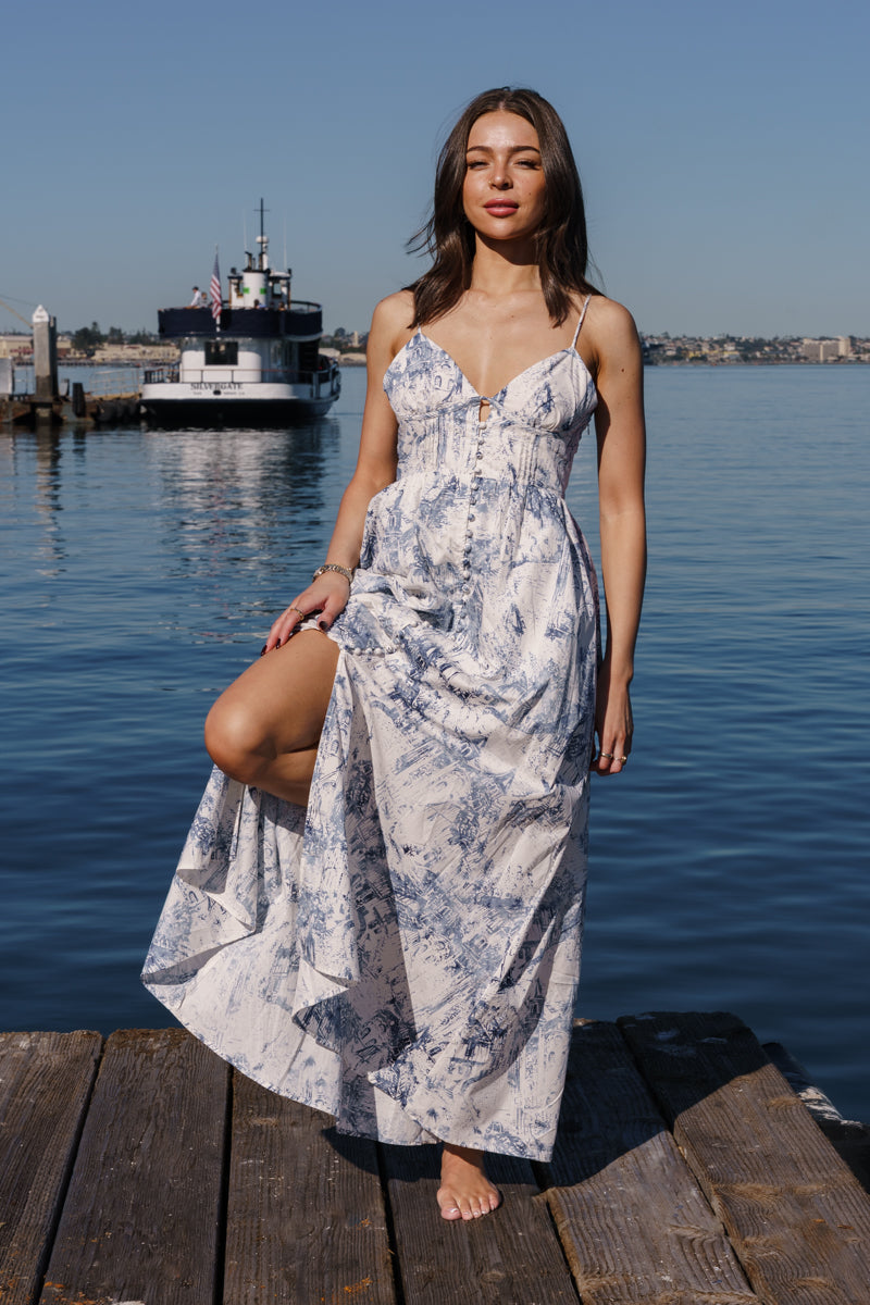 Sema Sleeveless Button Down Floral Print Maxi Dress Blue SMALL Sema Sleeveless Button Down Floral Print Maxi Dress Blue SMALL