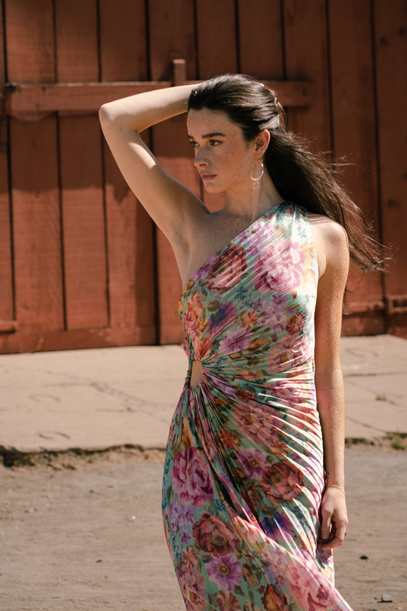 Tasha Sleeveless One Shoulder Pleated Floral Print Maxi Dress Pink – Miss Match Group Inc