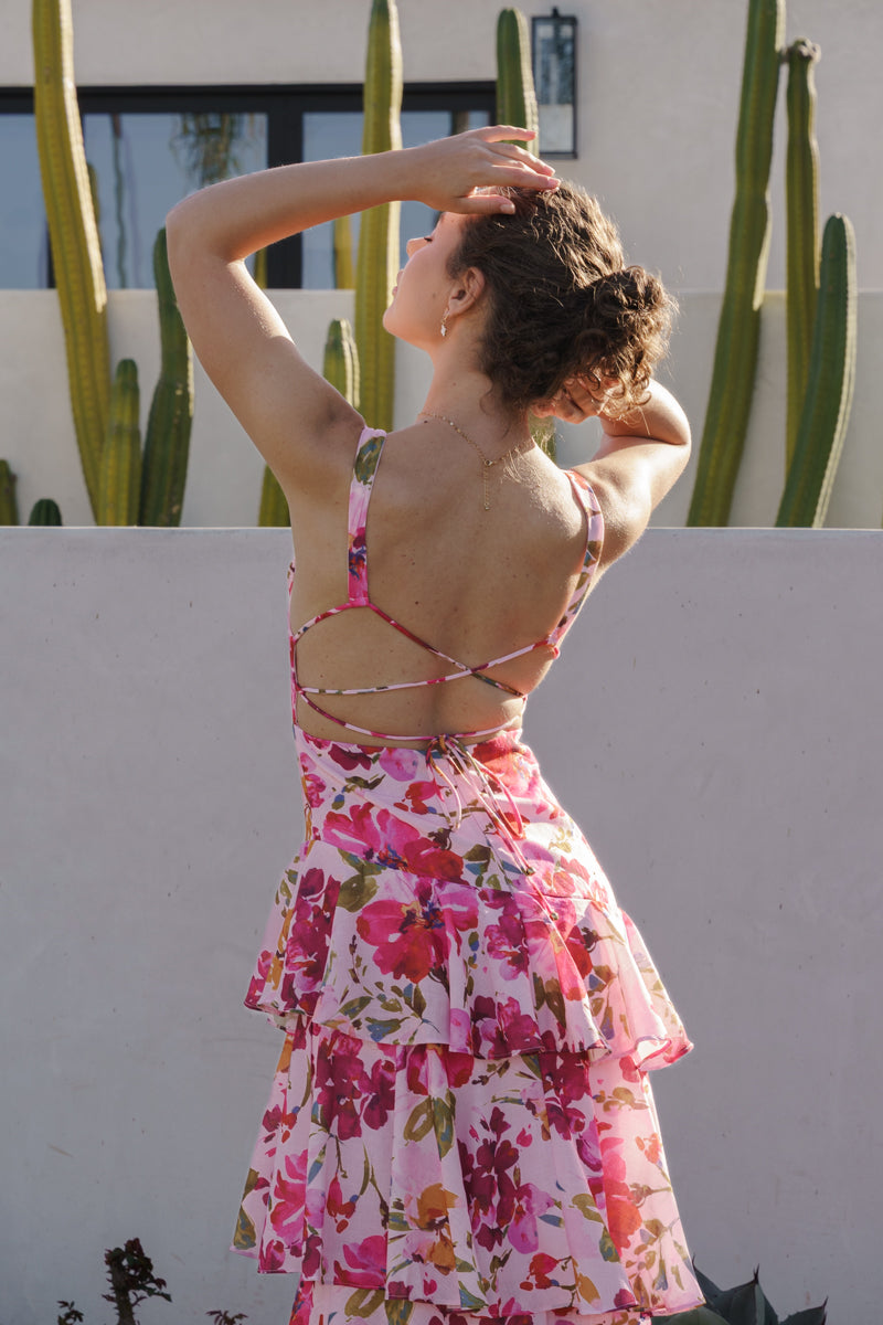 open lace back dress Angelina Sleeveless Open Back Tie Floral Print Maxi Dress Pink – Miss Match  Group Inc