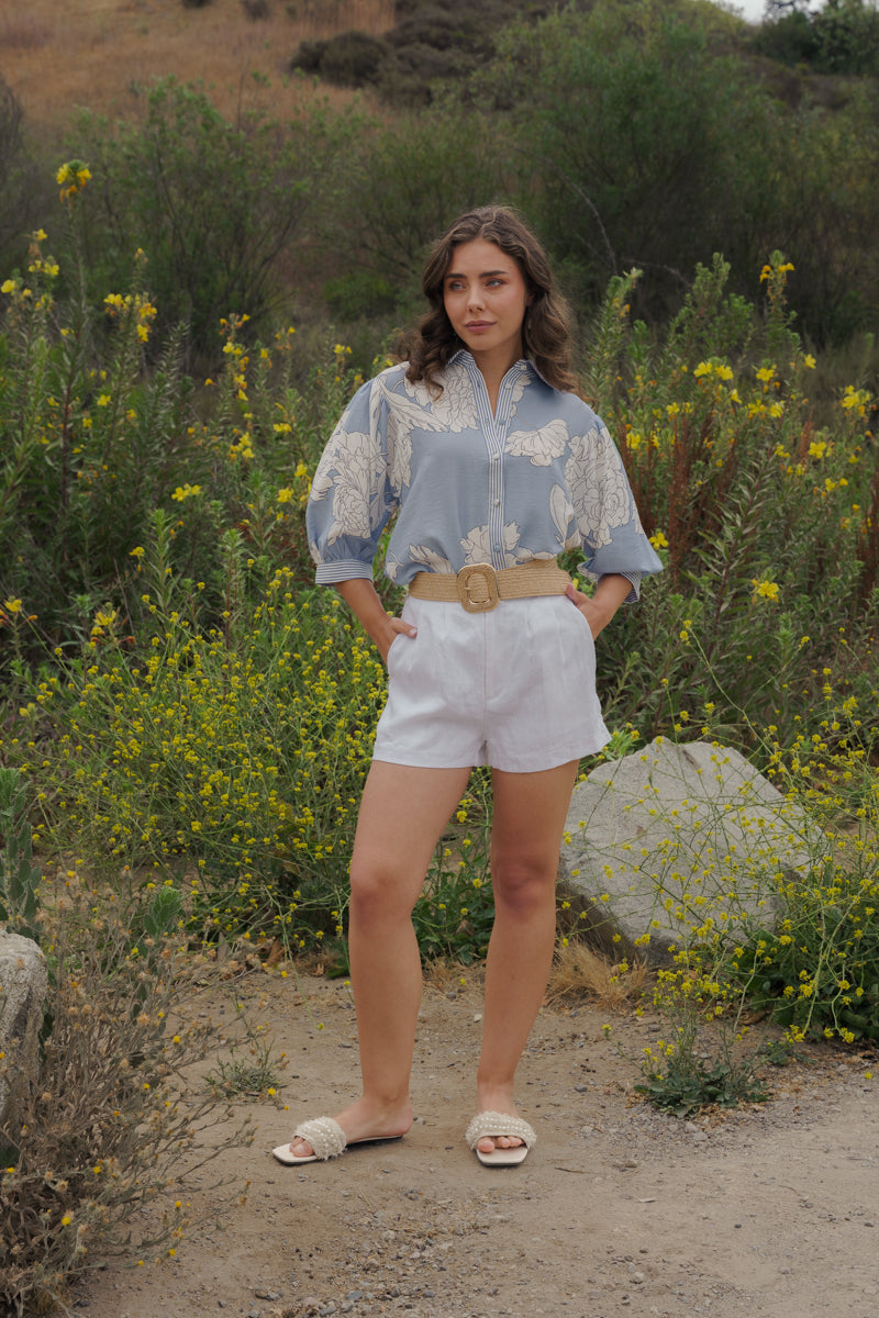 Dorothy 3/4 Sleeve Button Down Floral Print Top Blue – Miss Match