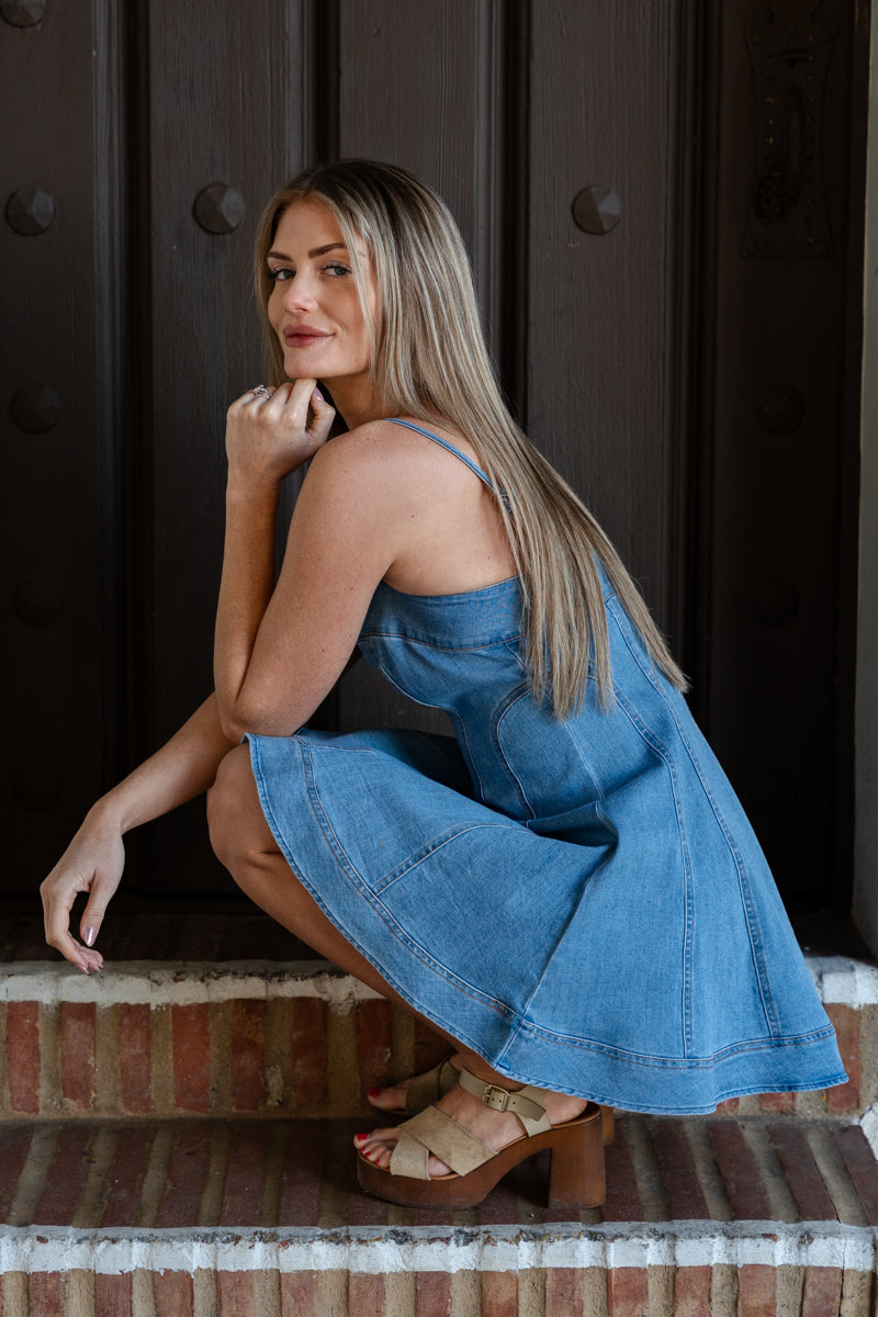 Mimi Sleeveless A-Line Denim Mini Dress Medium Wash SMALL Mimi Sleeveless A-Line Denim Mini Dress Medium Wash SMALL