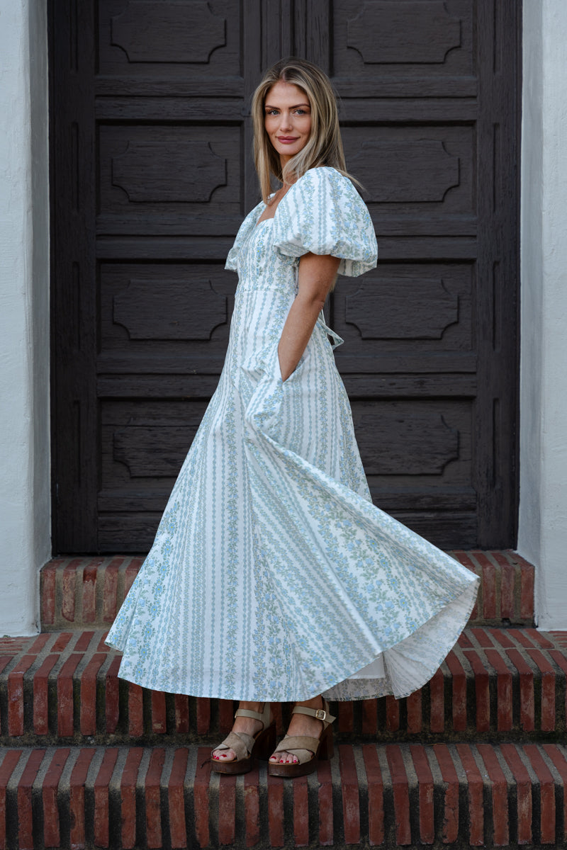 Stella Short Puff Sleeve Floral Print Midi Dress Blue LARGE Stella Short Puff Sleeve Floral Print Midi Dress Blue LARGE