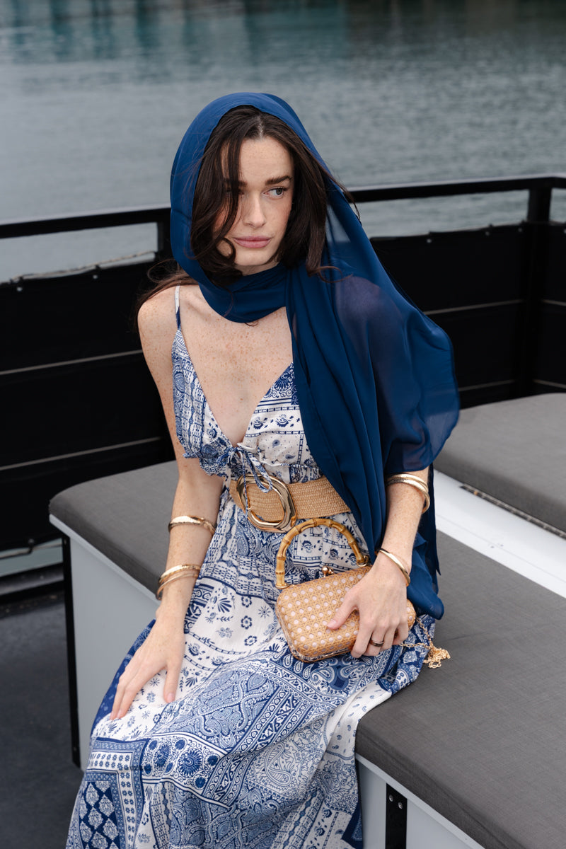 Oriana Sleeveless Patchwork Paisley Print Midi Dress Blue