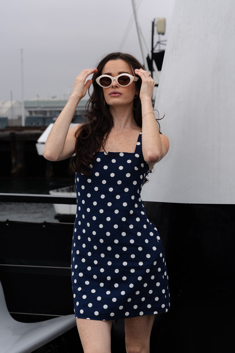 Jenna Sleeveless Polka Dot Print Linen Mini Dress Navy MEDIUM