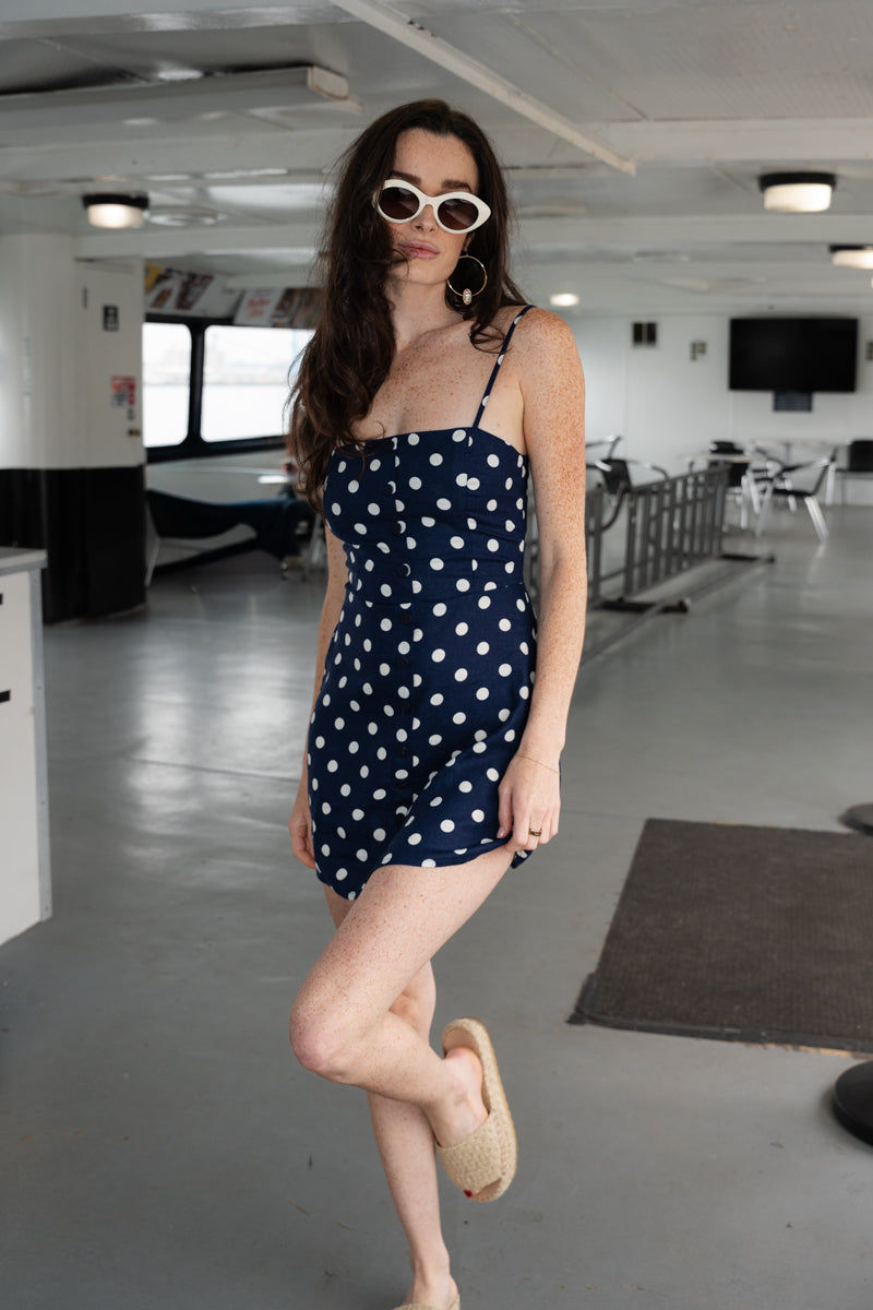 Hensley Sleeveless Button Down Polka Dot Print Linen Mini Dress Navy – Miss Match Group Inc