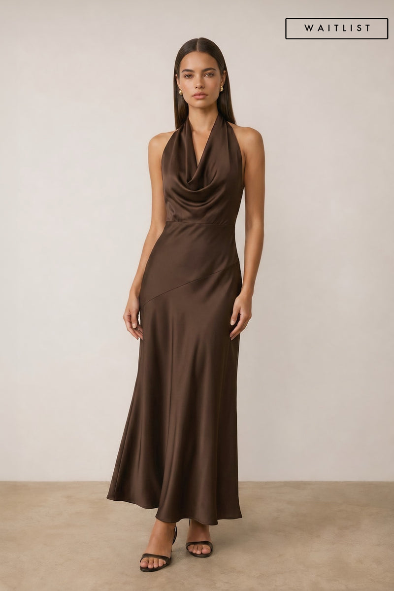 brown satin halter maxi dress Waitlist 9/15 • Ivanna Sleeveless Open Back MEDIUM NOV25WFW Beach lunch lounge linen Color:Black/Burgundy making Canella a standout