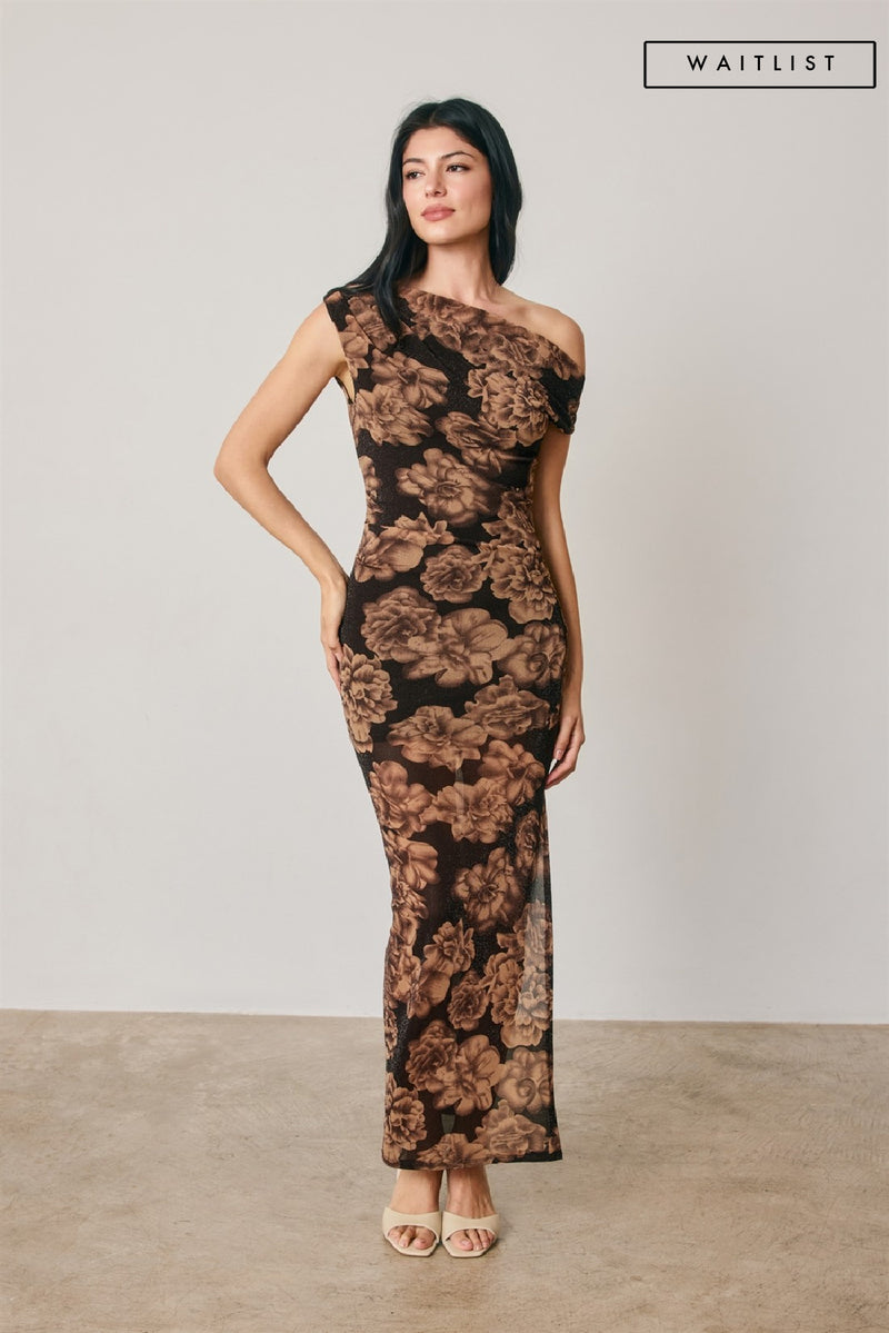 botanical maxi dress Waitlist 9/25 • Kayla One Shoulder Beauty Floral Print Black SMALL Sherri Hill Dress 57673 flowing chiffon fabric Our Color:Primrose Pink Stripes girls_maxi_dress