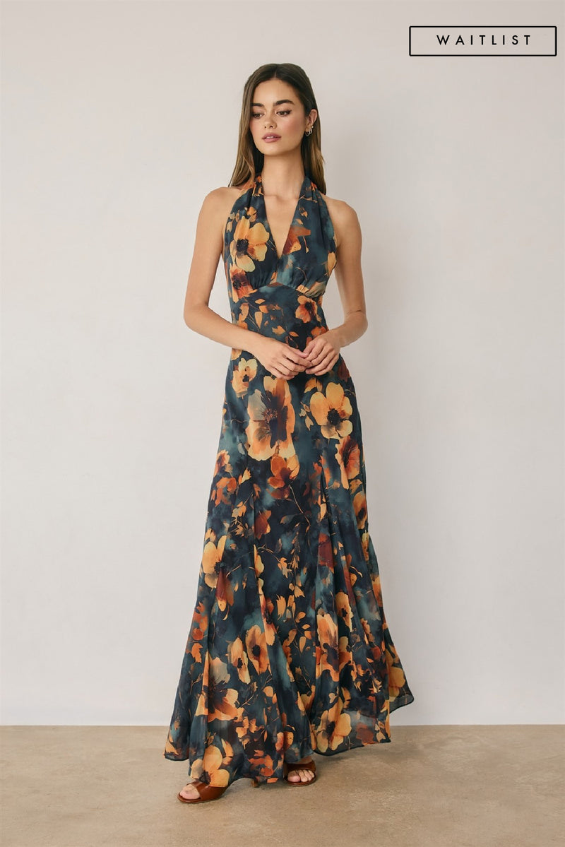 black floral halter dress Khloe Sleeveless Open Back Print Maxi Blue MEDIUM H&M + Ruffled Lace PROMO::AUGBMSM Size:xL 10–12XL 12