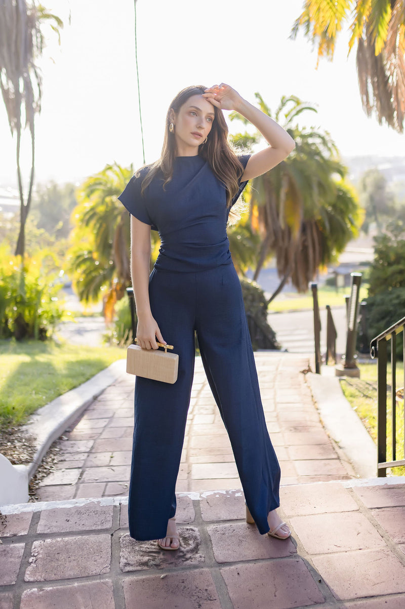 Hensley Short Sleeve Back Tie Wide Leg Jumpsuit Navy – Miss Match