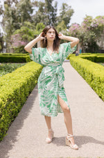 Kimono Sleeve Printed Wrap Midi Dress Green